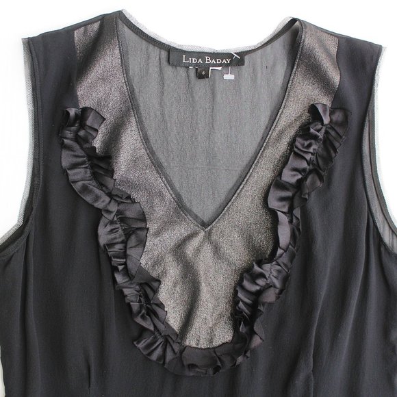 Lida Baday Black Silk Top Ruffle Metallic detail Sheer Back V-neck Sleeveless - Picture 2 of 7